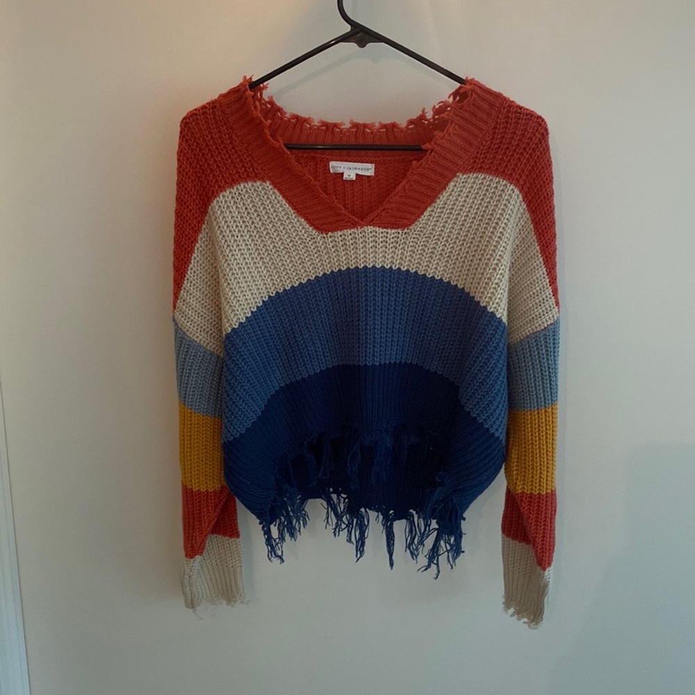 Lightly worn, colorful sweater, size medium